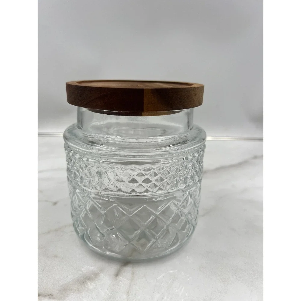 Diamond Pattern Glass Canister with Wood Lid Airtight Storage Jar Clear